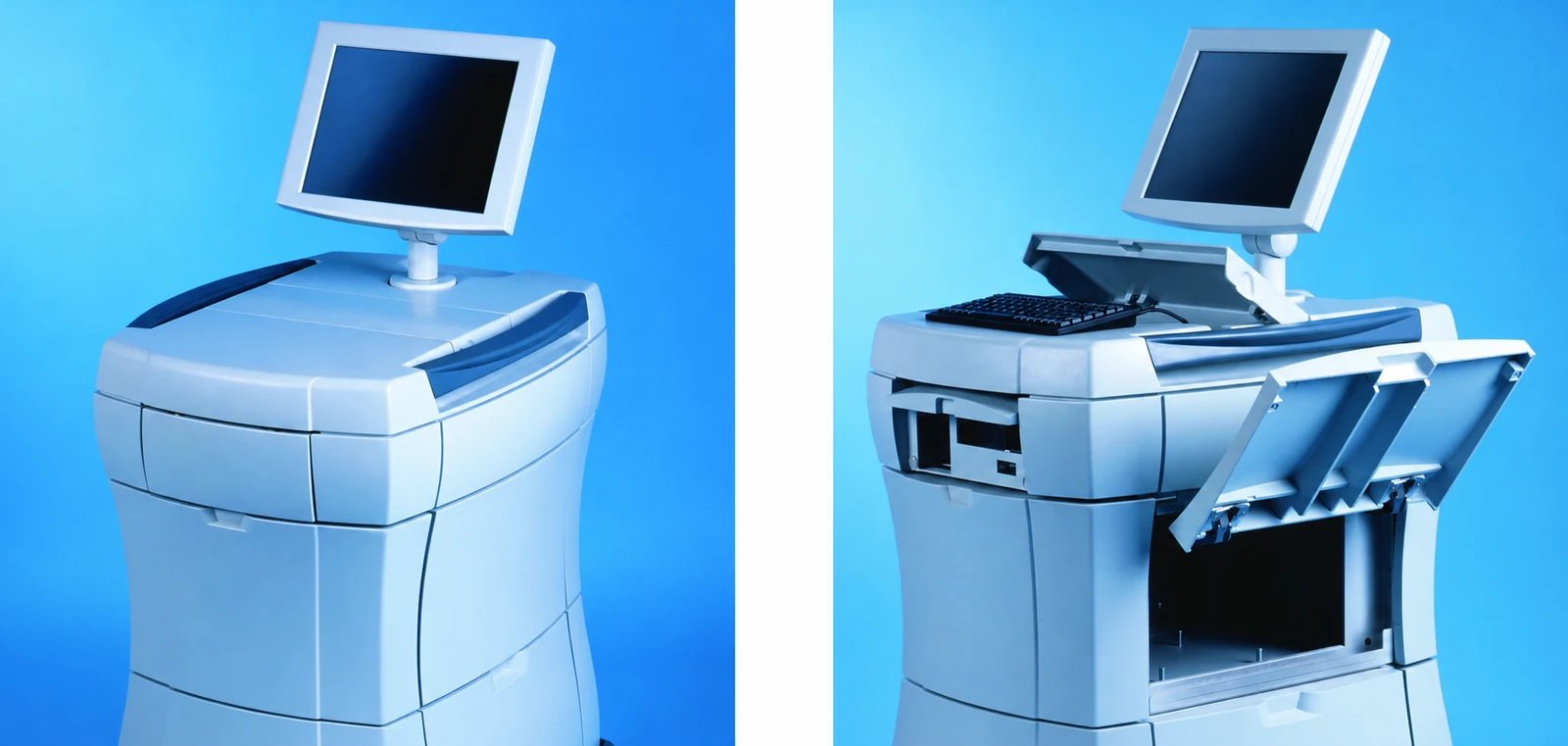 Two views of a cart-based instrument with a monitor, keyboard area, and enclosed lower hardware.