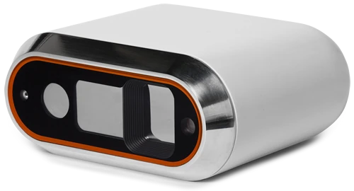 A compact handheld enclosure with multiple optical windows on one face.
