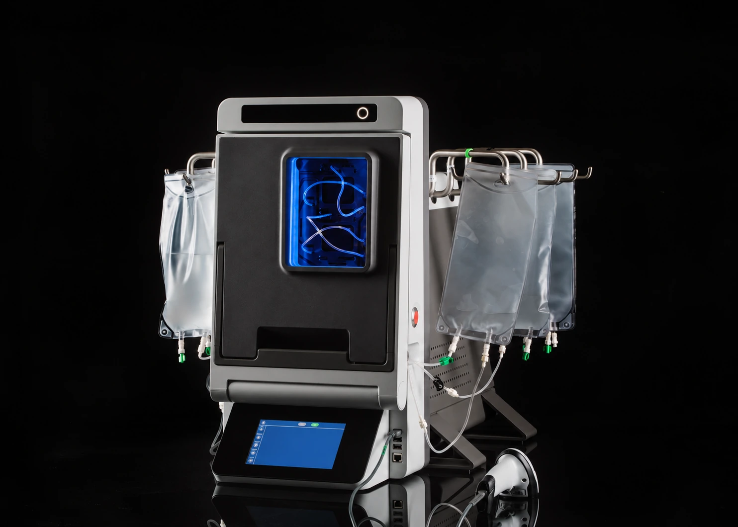 Blood cell separation system with an integrated fluidics enclosure, fluid bags, and touchscreen interface.