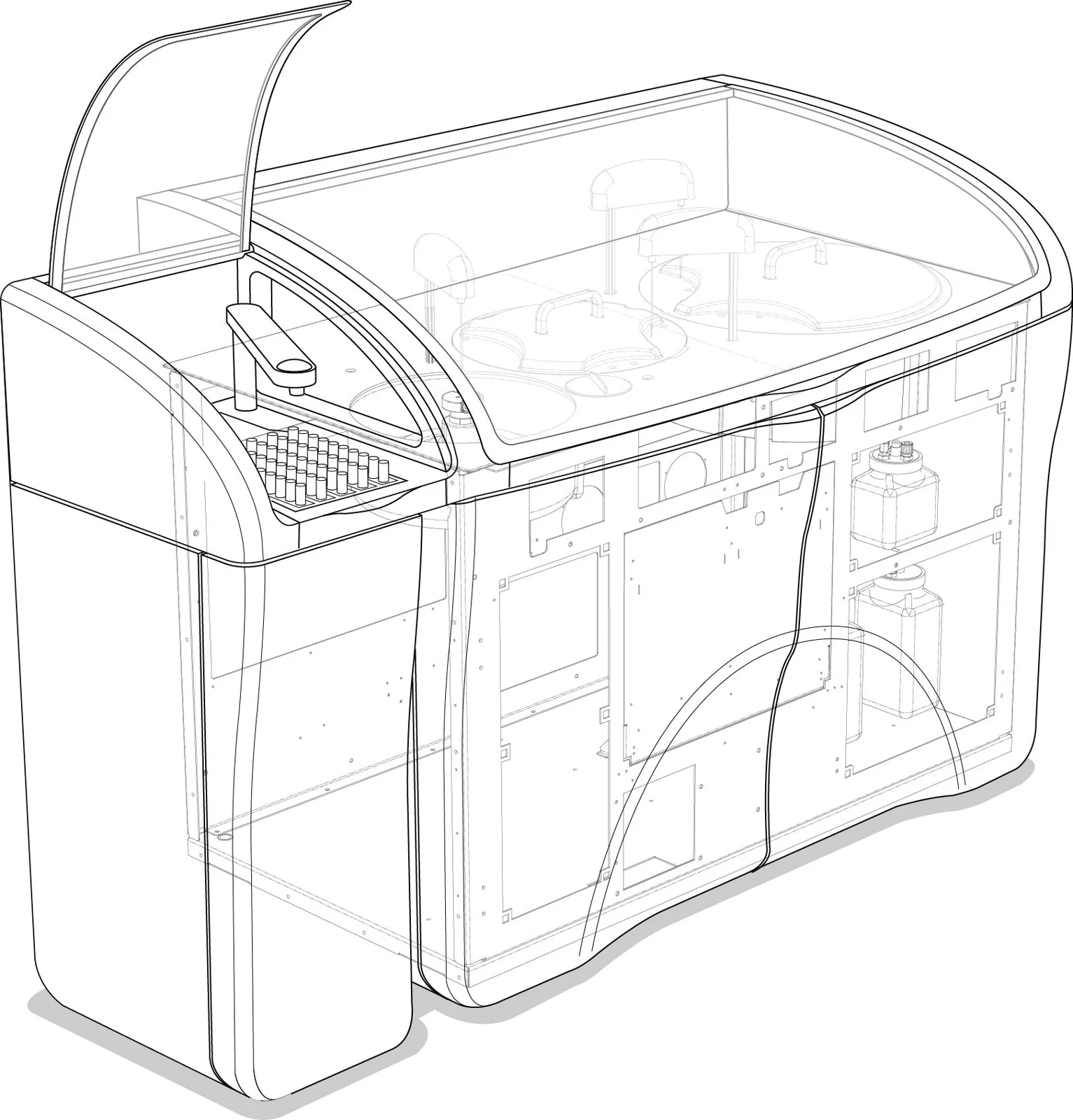 Line drawing of a laboratory instrument with an open sample-loading cover and visible internal packaging.